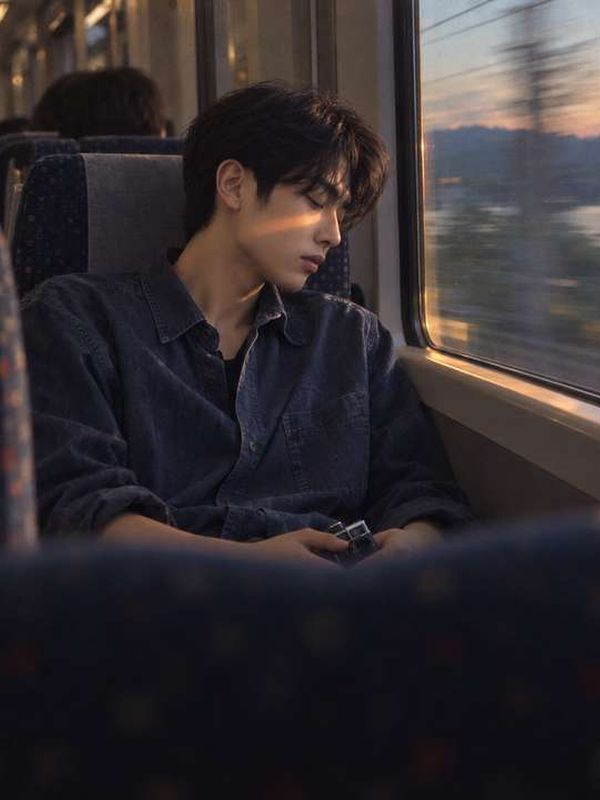 해 질 녘 기차 창가 자리에 기대 앉은 재민