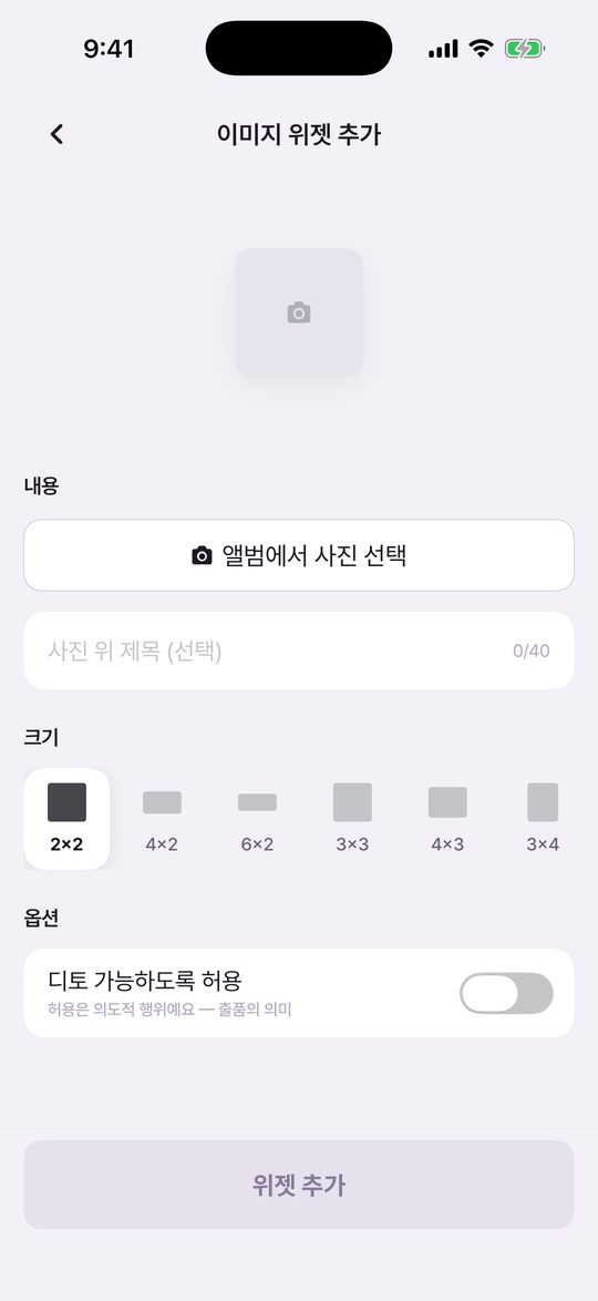 이미지 위젯 추가 화면. 미리보기, 내용, 크기 12종, 옵션의 디토 허용 토글, 하단 위젯 추가 버튼
