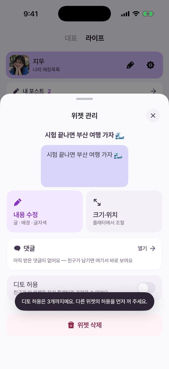 위젯 관리 시트에서 네 번째 디토 허용을 켜려 할 때 나오는 알림