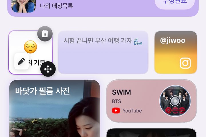 플래터 편집 중인 위젯. 오른쪽 위 삭제, 왼쪽 아래 수정, 오른쪽 아래 크기 조절 핸들